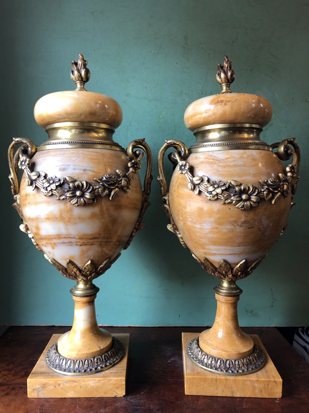 Pair of late C19th/ early C20th French ormolu-mounted ‘giallo di siena’ marble vases or cassolettes.