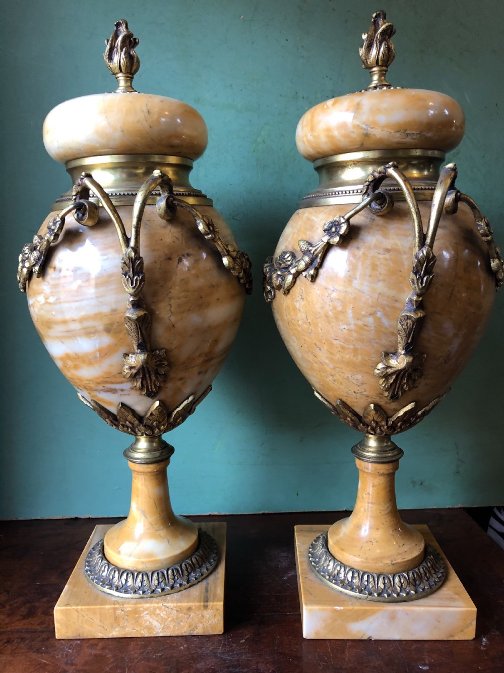 Pair of late C19th/ early C20th French ormolu-mounted ‘giallo di siena’ marble vases or cassolettes. View II