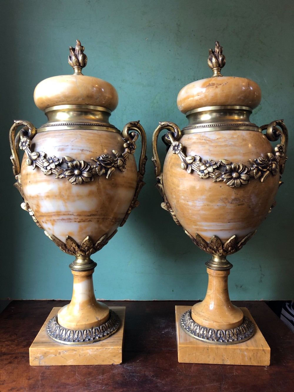 Pair of late C19th/ early C20th French ormolu-mounted ‘giallo di siena’ marble vases or cassolettes. View III