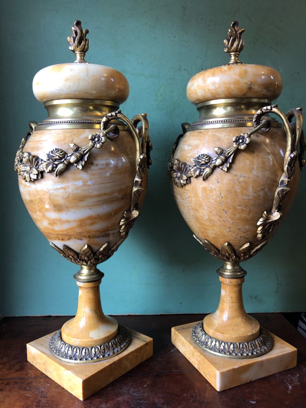 Pair of late C19th/ early C20th French ormolu-mounted ‘giallo di siena’ marble vases or cassolettes. View V