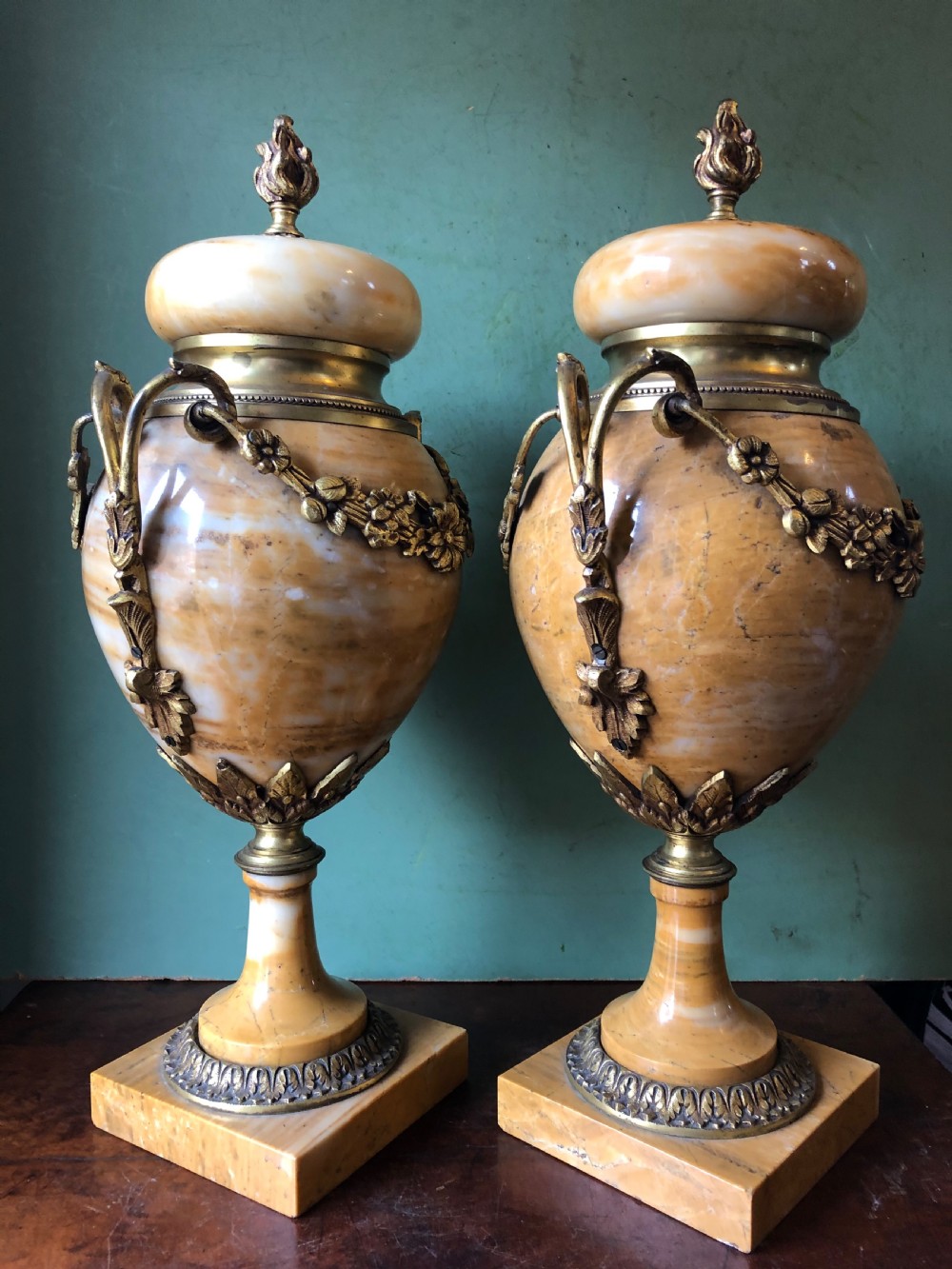 Pair of late C19th/ early C20th French ormolu-mounted ‘giallo di siena’ marble vases or cassolettes. View VI