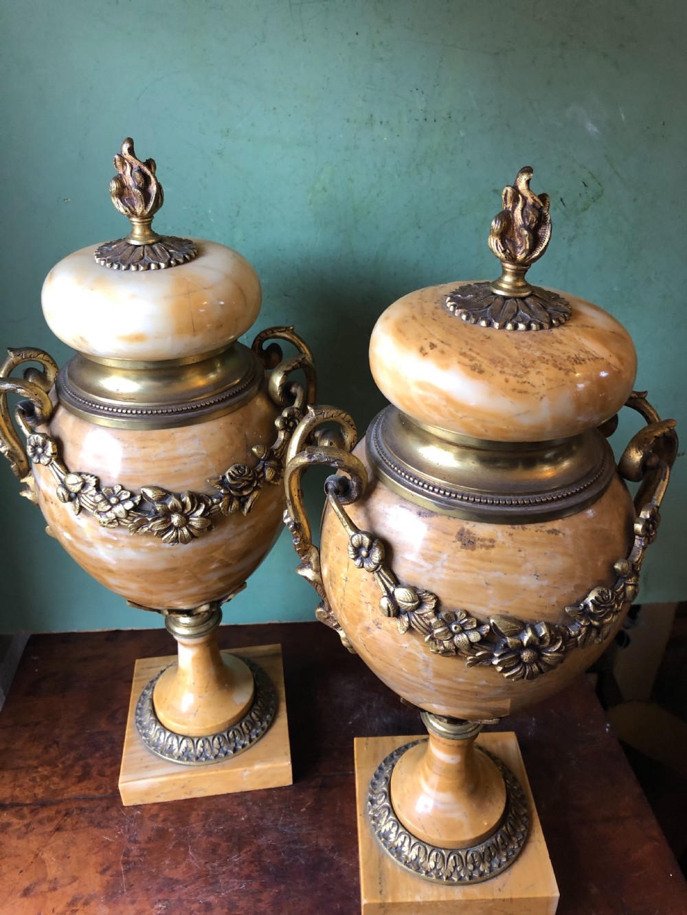 Pair of late C19th/ early C20th French ormolu-mounted ‘giallo di siena’ marble vases or cassolettes. View VII