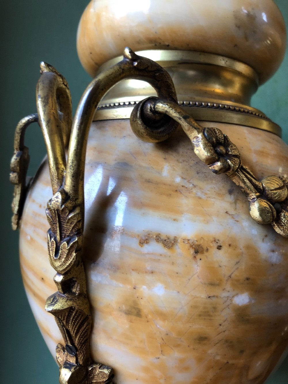 Pair of late C19th/ early C20th French ormolu-mounted ‘giallo di siena’ marble vases or cassolettes. View VIII