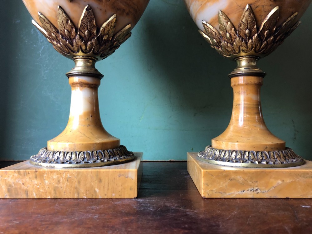Pair of late C19th/ early C20th French ormolu-mounted ‘giallo di siena’ marble vases or cassolettes. View IX