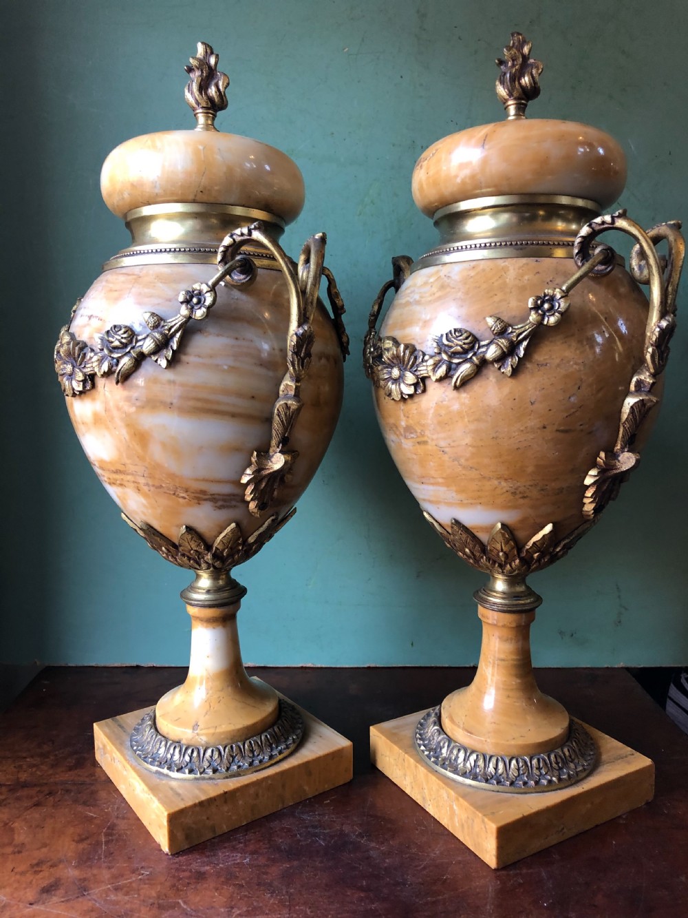 Pair of late C19th/ early C20th French ormolu-mounted ‘giallo di siena’ marble vases or cassolettes. View XI