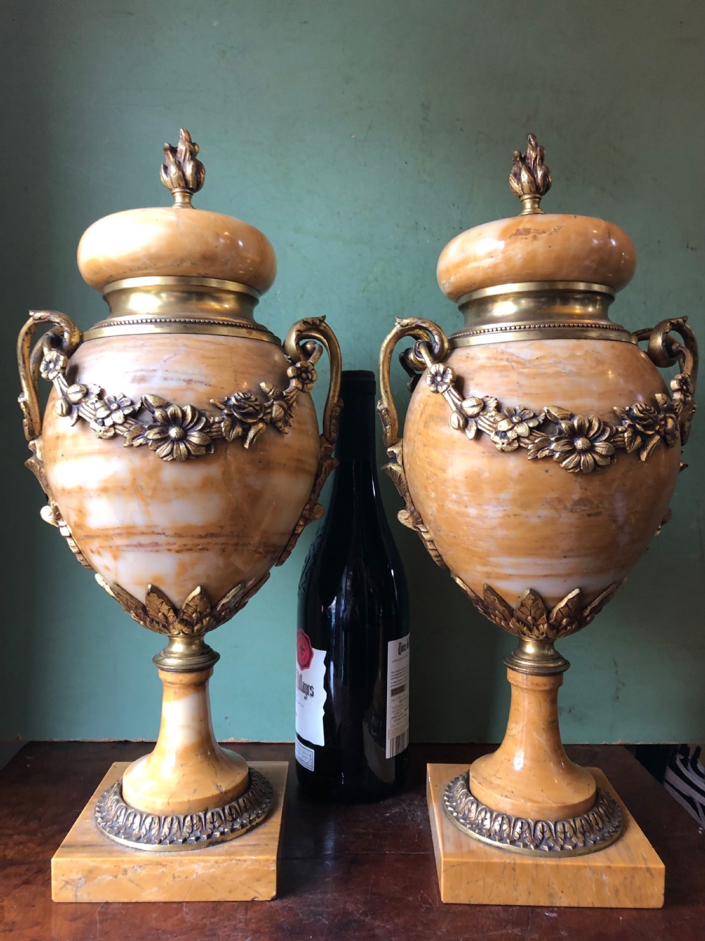 Pair of late C19th/ early C20th French ormolu-mounted ‘giallo di siena’ marble vases or cassolettes. View XII