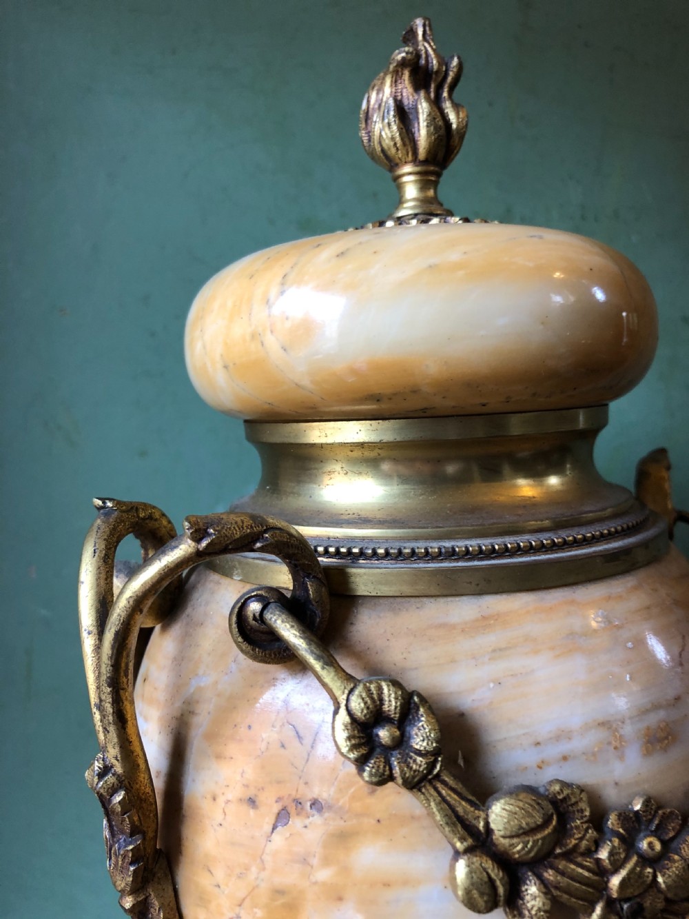 Pair of late C19th/ early C20th French ormolu-mounted ‘giallo di siena’ marble vases or cassolettes. View XV