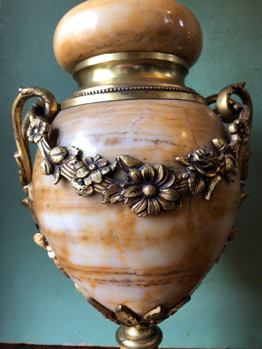 Pair of late C19th/ early C20th French ormolu-mounted ‘giallo di siena’ marble vases or cassolettes. View XVI