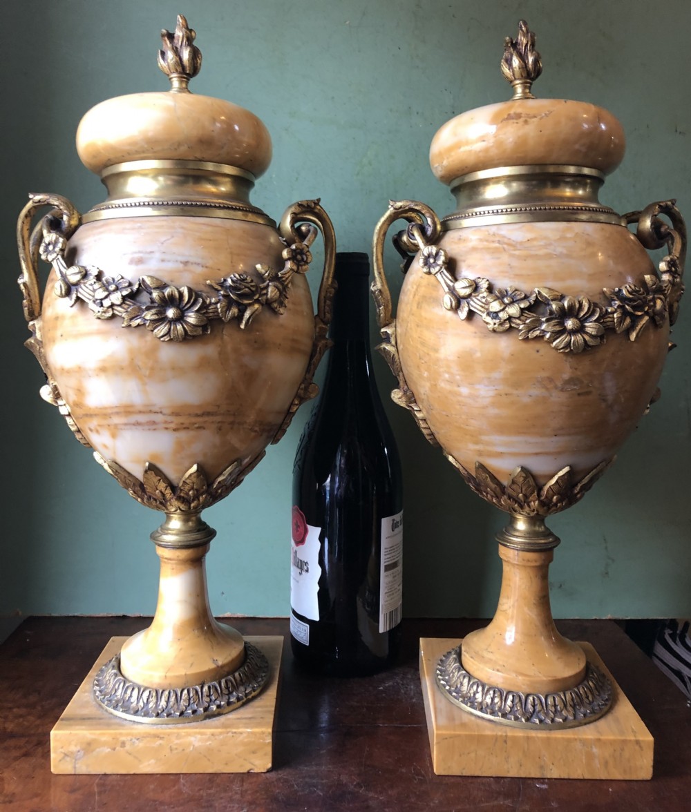 Pair of late C19th/ early C20th French ormolu-mounted ‘giallo di siena’ marble vases or cassolettes. View X
