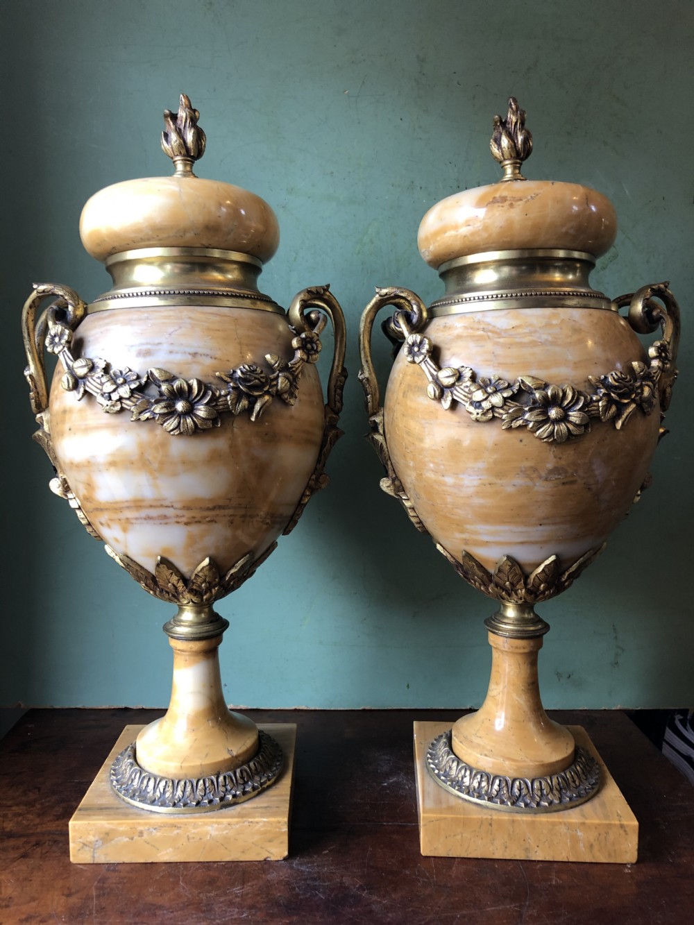 Pair of late C19th/ early C20th French ormolu-mounted ‘giallo di siena’ marble vases or cassolettes. View XIX