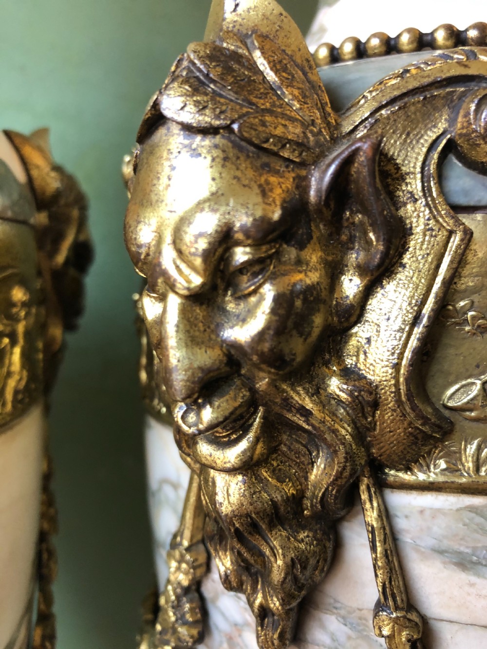Impressive large scale pair of late C19th French ormolu mounted marble vases or cassolettes in the Louis XVI style . View III