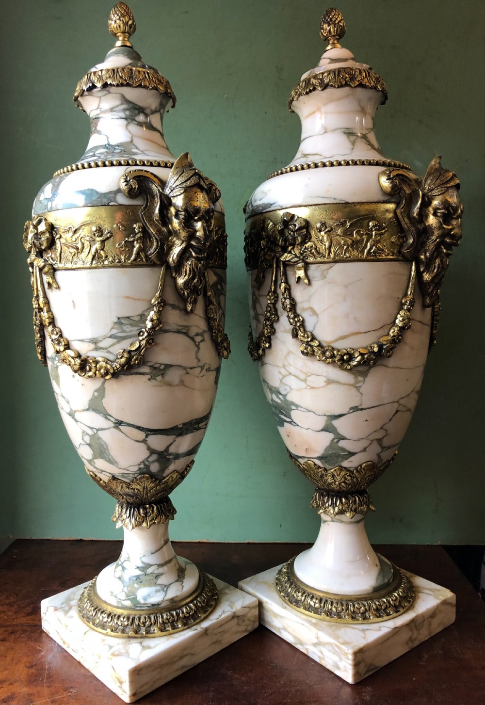 Impressive large scale pair of late C19th French ormolu mounted marble vases or cassolettes in the Louis XVI style . View IV