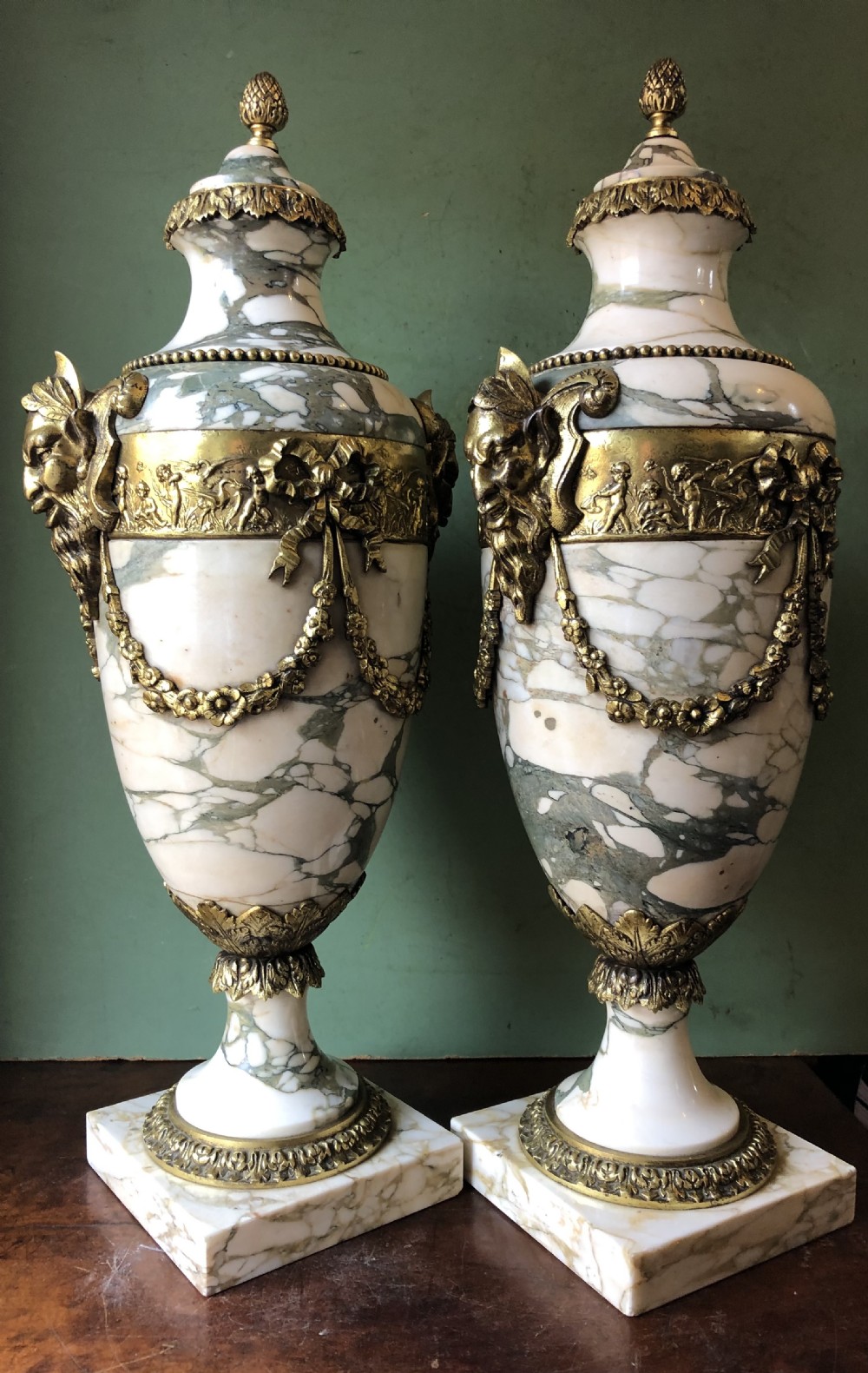 Impressive large scale pair of late C19th French ormolu mounted marble vases or cassolettes in the Louis XVI style . View V
