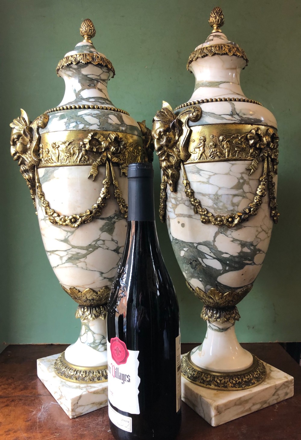 Impressive large scale pair of late C19th French ormolu mounted marble vases or cassolettes in the Louis XVI style . View VI