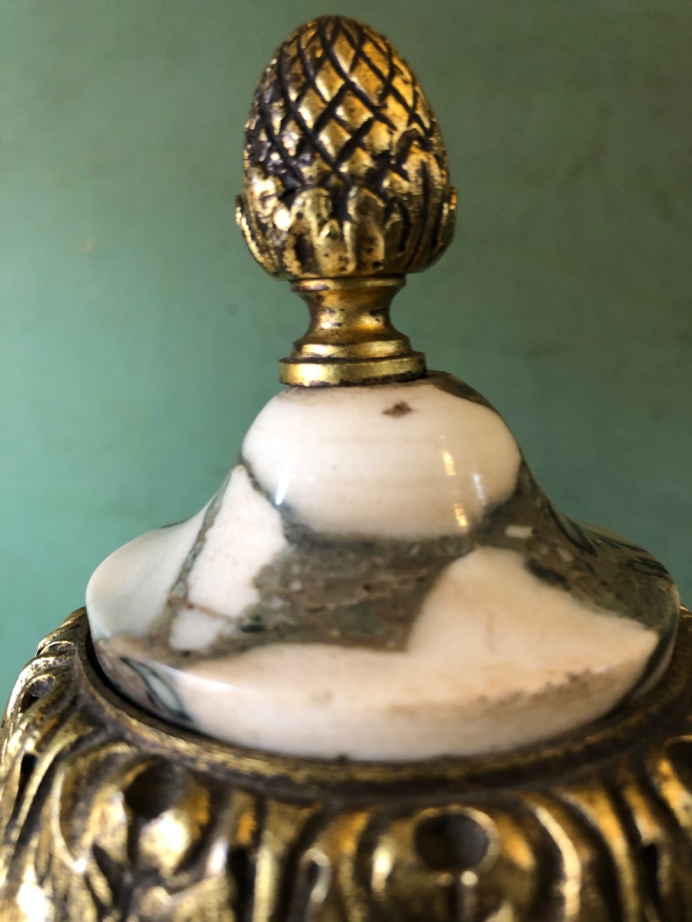Impressive large scale pair of late C19th French ormolu mounted marble vases or cassolettes in the Louis XVI style . View VII