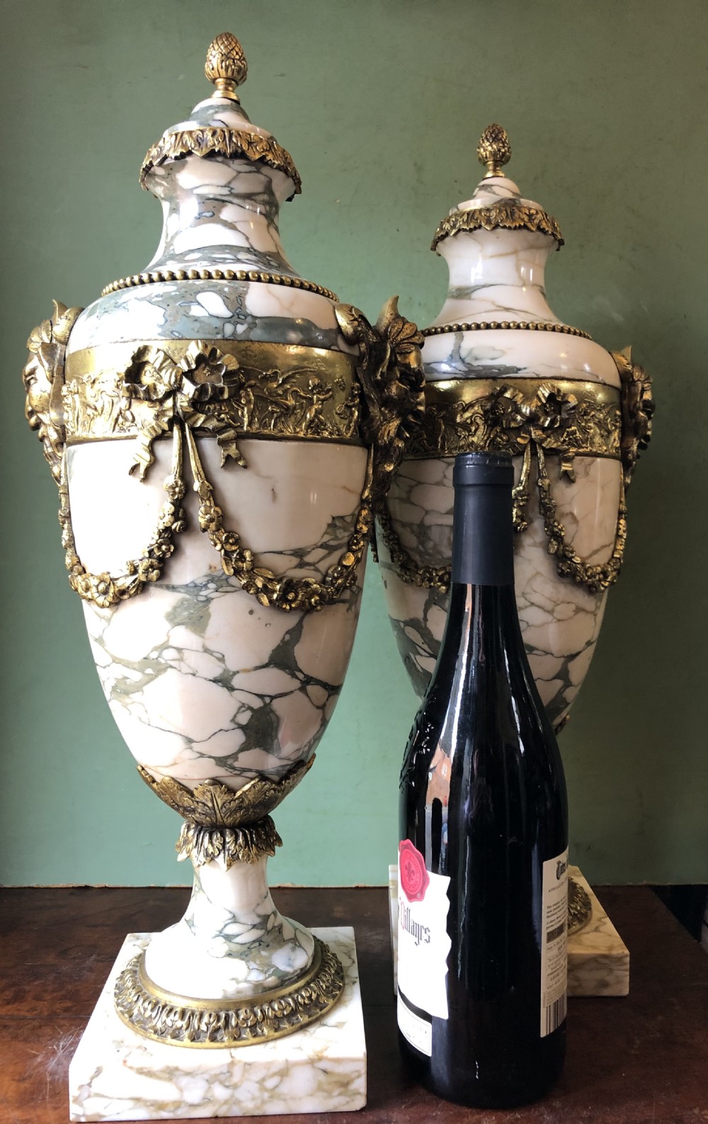 Impressive large scale pair of late C19th French ormolu mounted marble vases or cassolettes in the Louis XVI style . View VIII