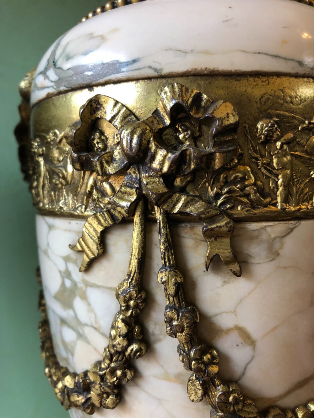 Impressive large scale pair of late C19th French ormolu mounted marble vases or cassolettes in the Louis XVI style . View IX