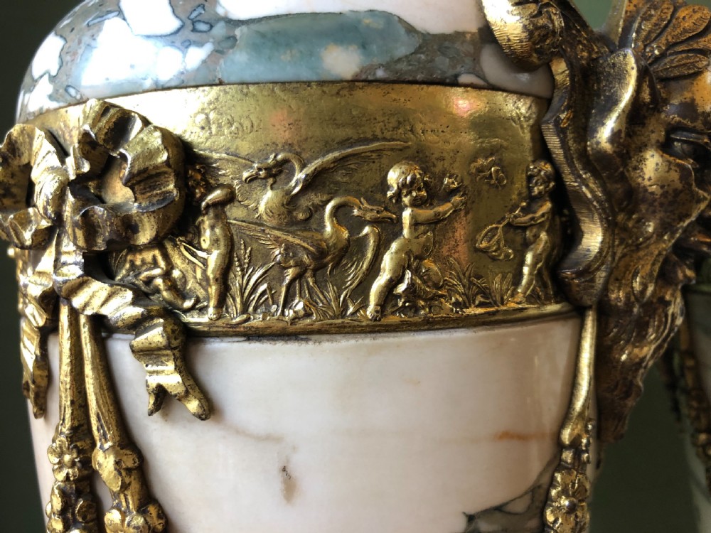 Impressive large scale pair of late C19th French ormolu mounted marble vases or cassolettes in the Louis XVI style . View X