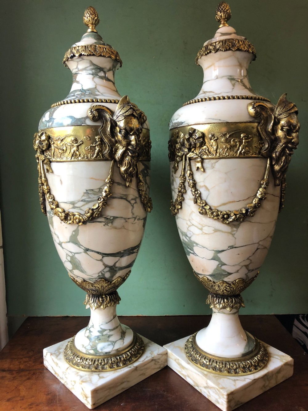 Impressive large scale pair of late C19th French ormolu mounted marble vases or cassolettes in the Louis XVI style . View XII