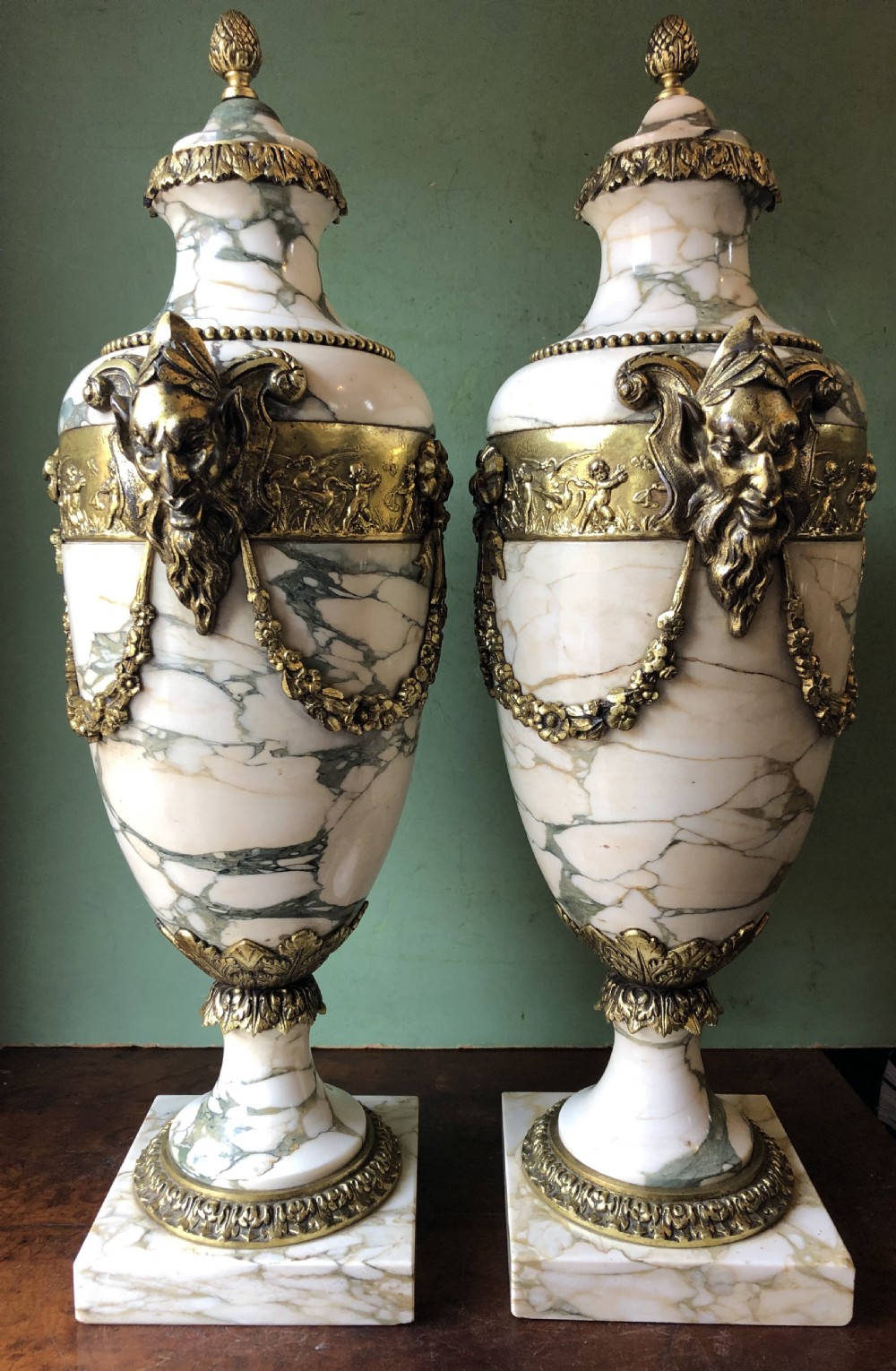 Impressive large scale pair of late C19th French ormolu mounted marble vases or cassolettes in the Louis XVI style . View XIII