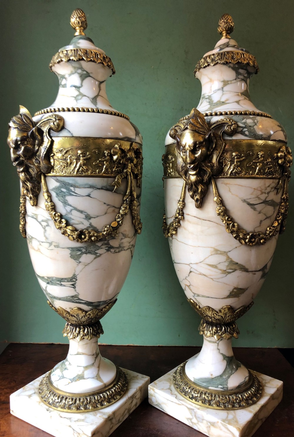 Impressive large scale pair of late C19th French ormolu mounted marble vases or cassolettes in the Louis XVI style . View XIV