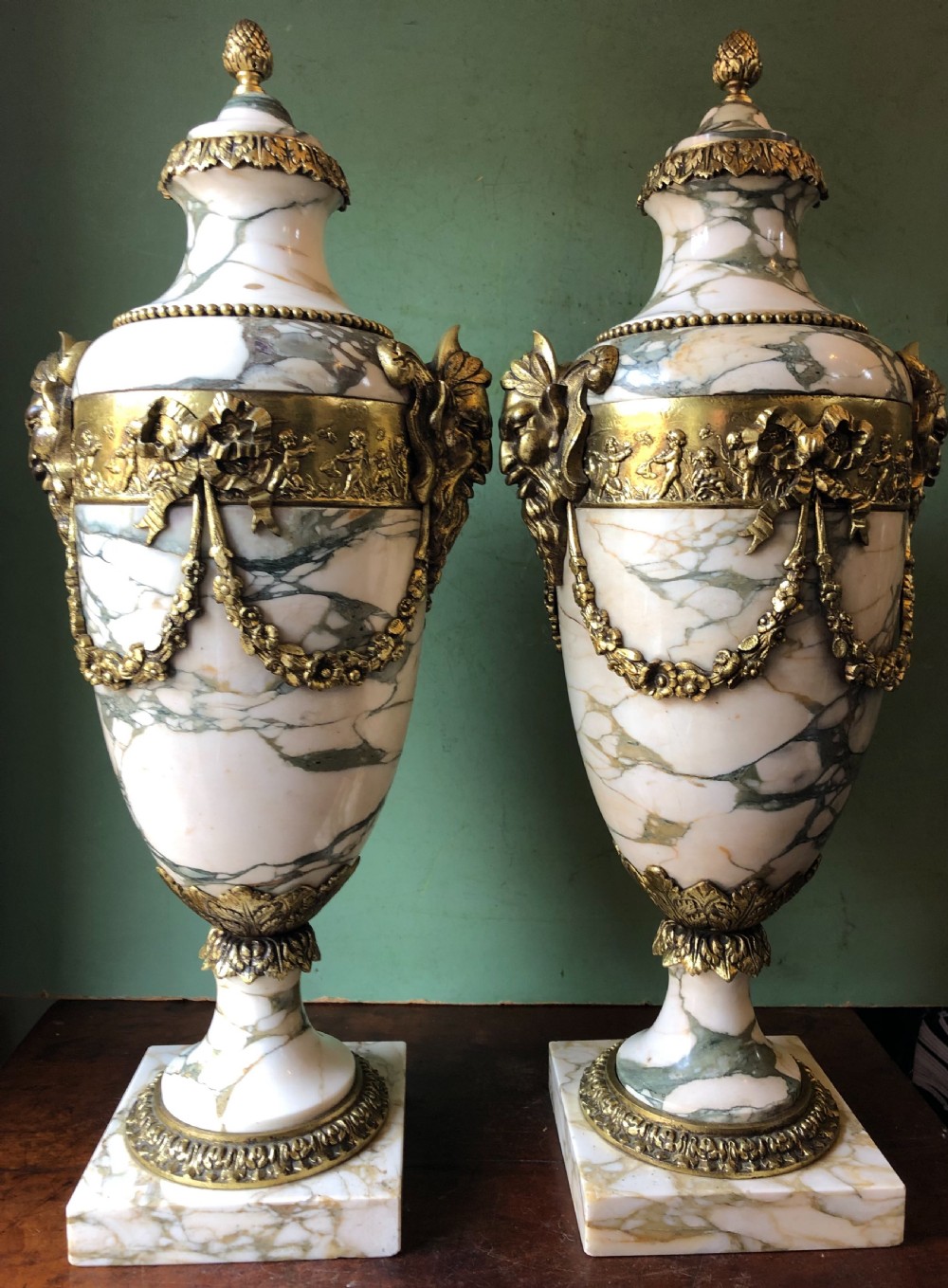 Impressive large scale pair of late C19th French ormolu mounted marble vases or cassolettes in the Louis XVI style . View XVI