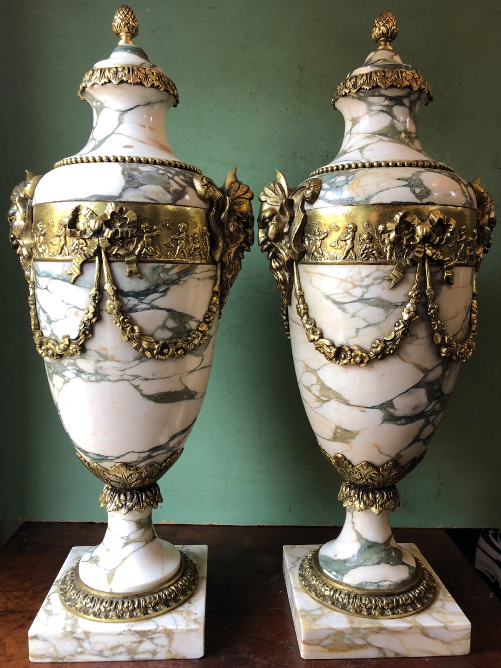 Impressive large scale pair of late C19th French ormolu mounted marble vases or cassolettes in the Louis XVI style . View XVII