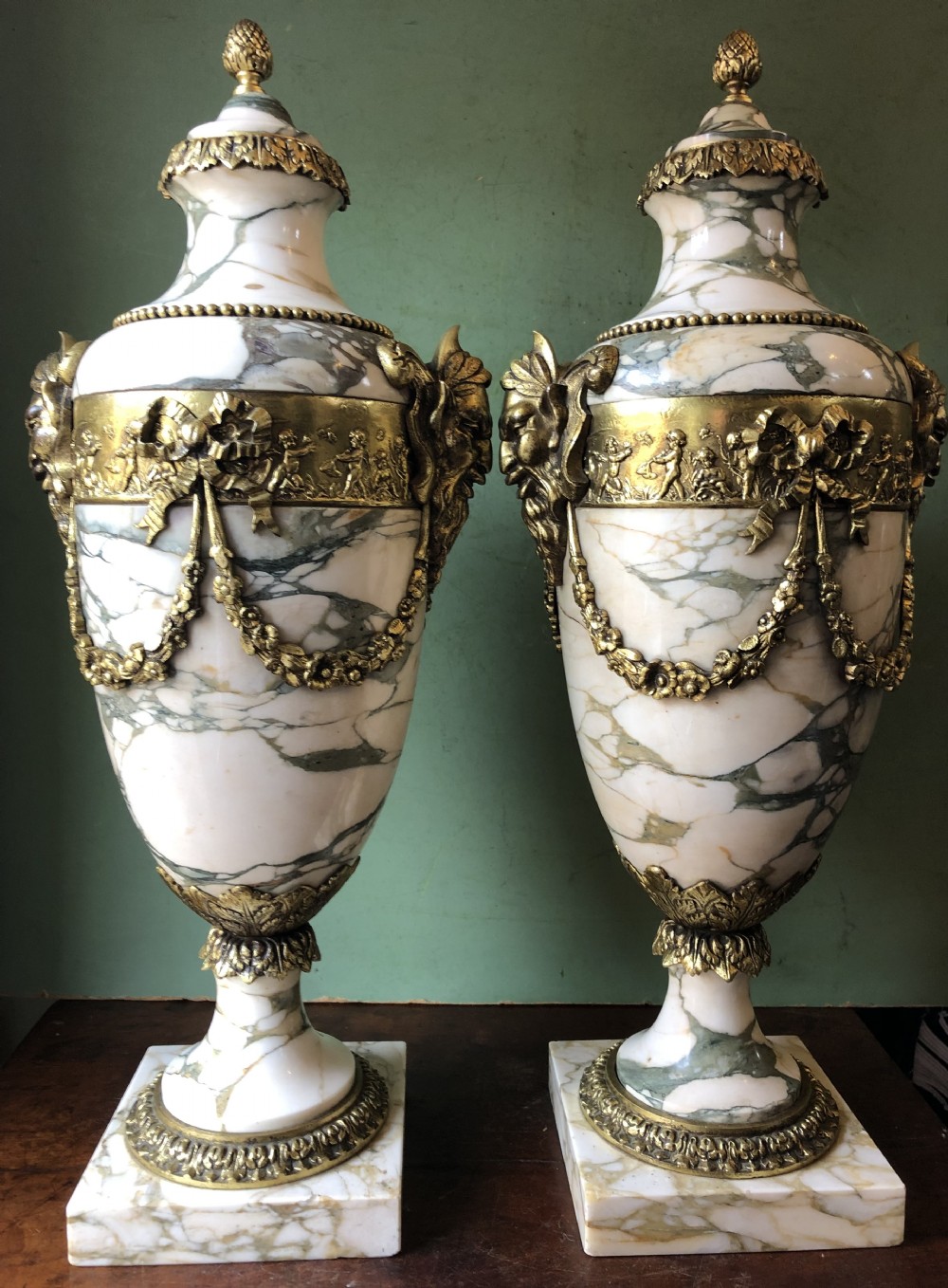Impressive large scale pair of late C19th French ormolu mounted marble vases or cassolettes in the Louis XVI style .