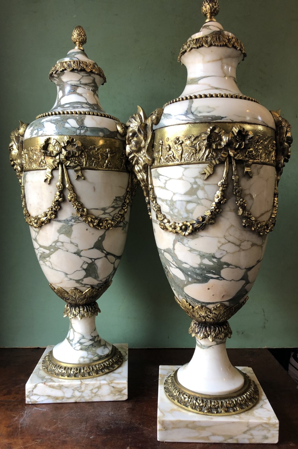 Impressive large scale pair of late C19th French ormolu mounted marble vases or cassolettes in the Louis XVI style . View XX