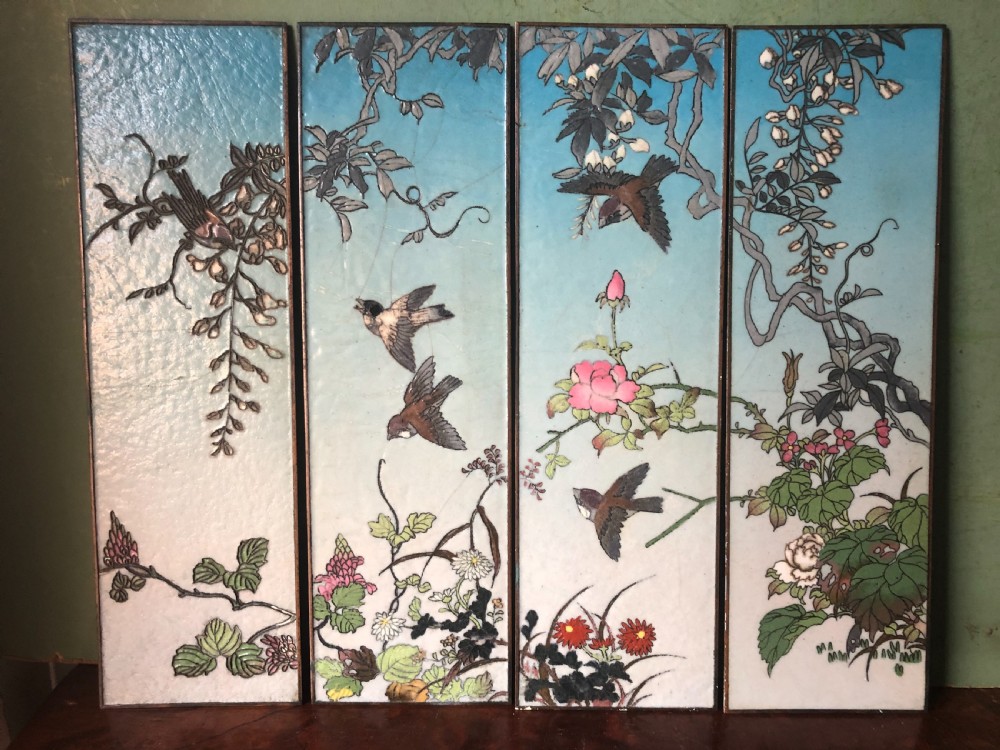 Set of 4 late C19th Japanese Meiji period cloisonné enamel panels forming a continuous image . 