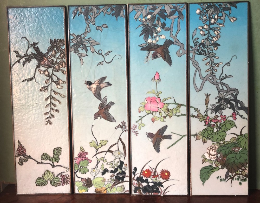 Set of 4 late C19th Japanese Meiji period cloisonné enamel panels forming a continuous image .  View III