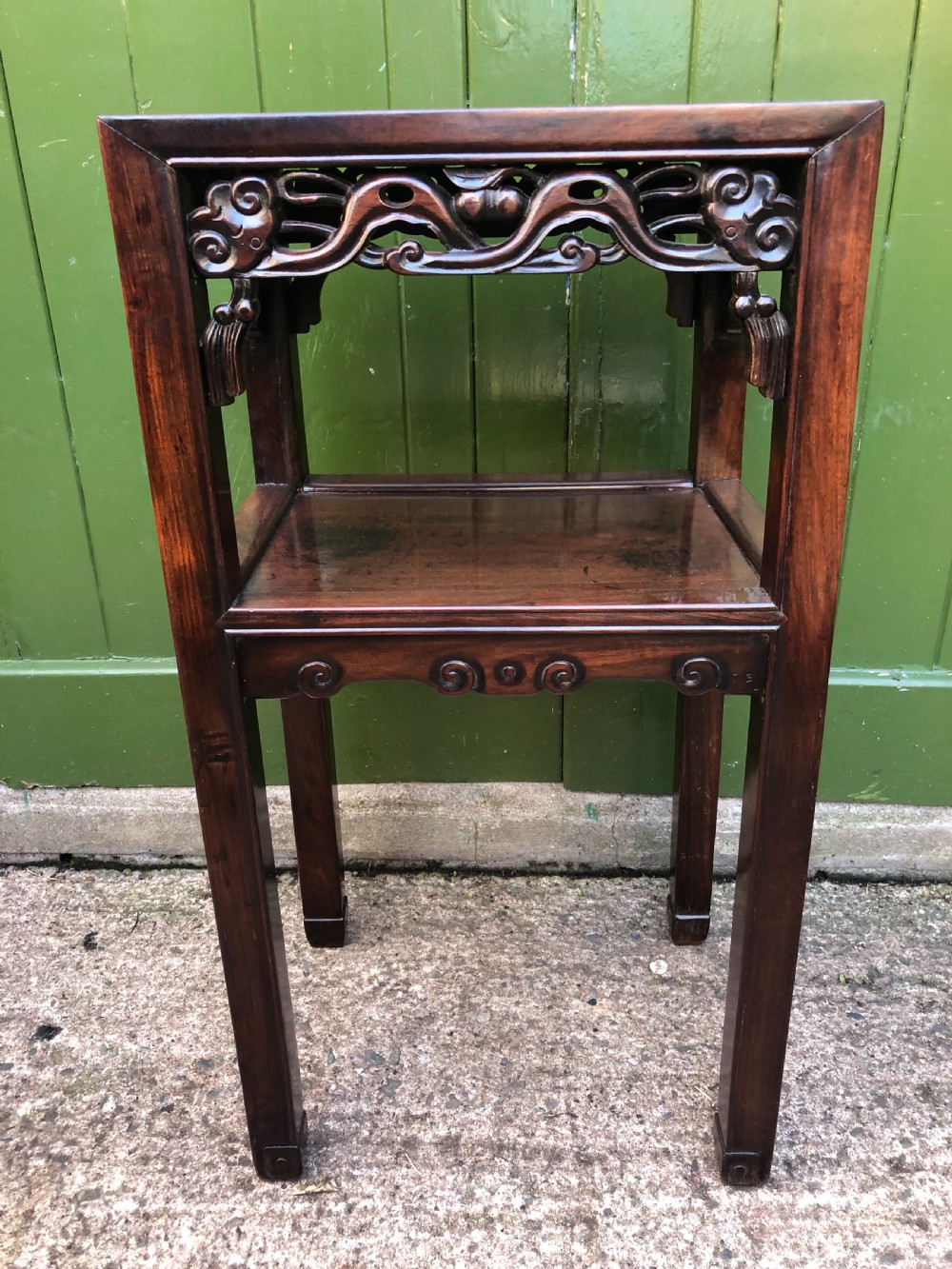 Late C19th Chinese Qing Dynasty carved hardwood 2-tier lamp table. View II