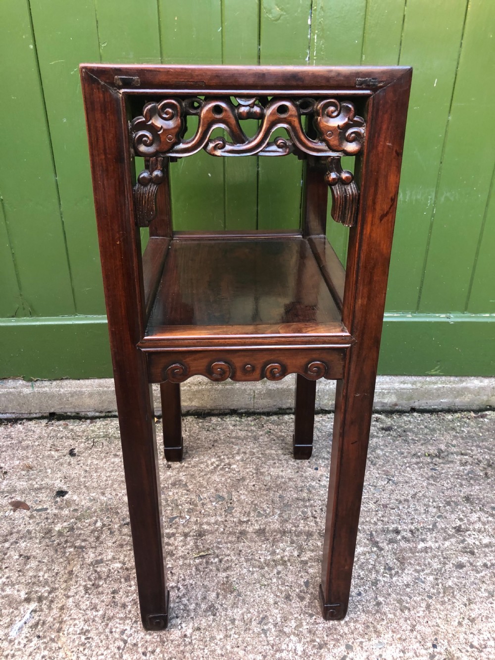 Late C19th Chinese Qing Dynasty carved hardwood 2-tier lamp table. View III