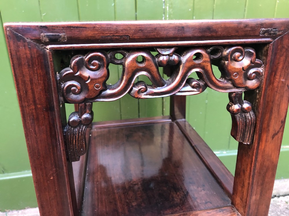Late C19th Chinese Qing Dynasty carved hardwood 2-tier lamp table. View V