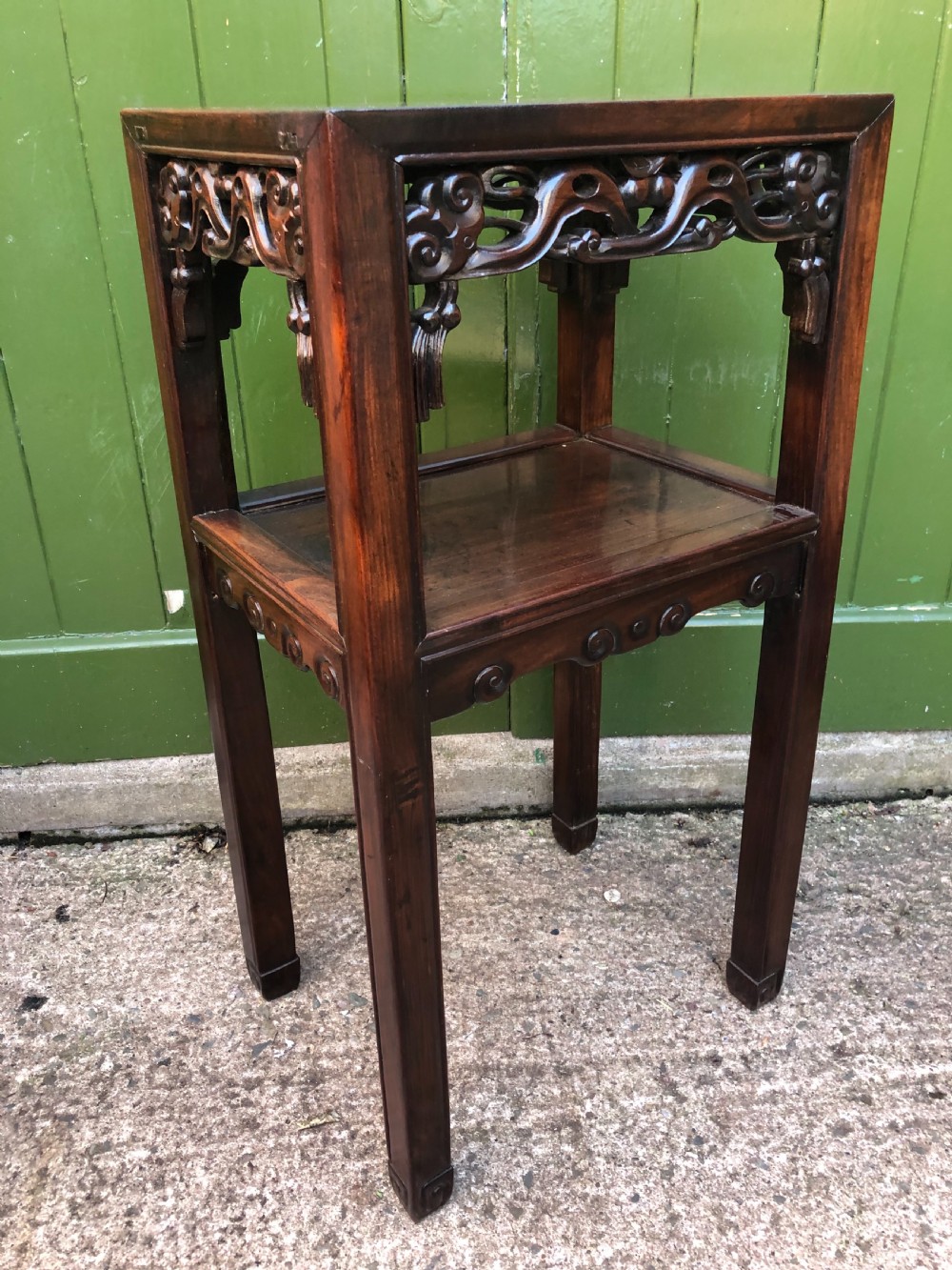 Late C19th Chinese Qing Dynasty carved hardwood 2-tier lamp table. View VI