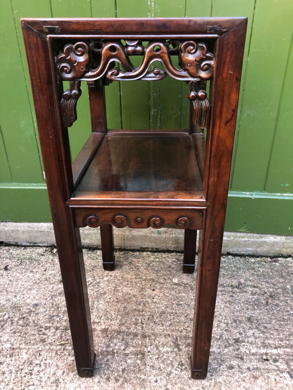 Late C19th Chinese Qing Dynasty carved hardwood 2-tier lamp table. View VII