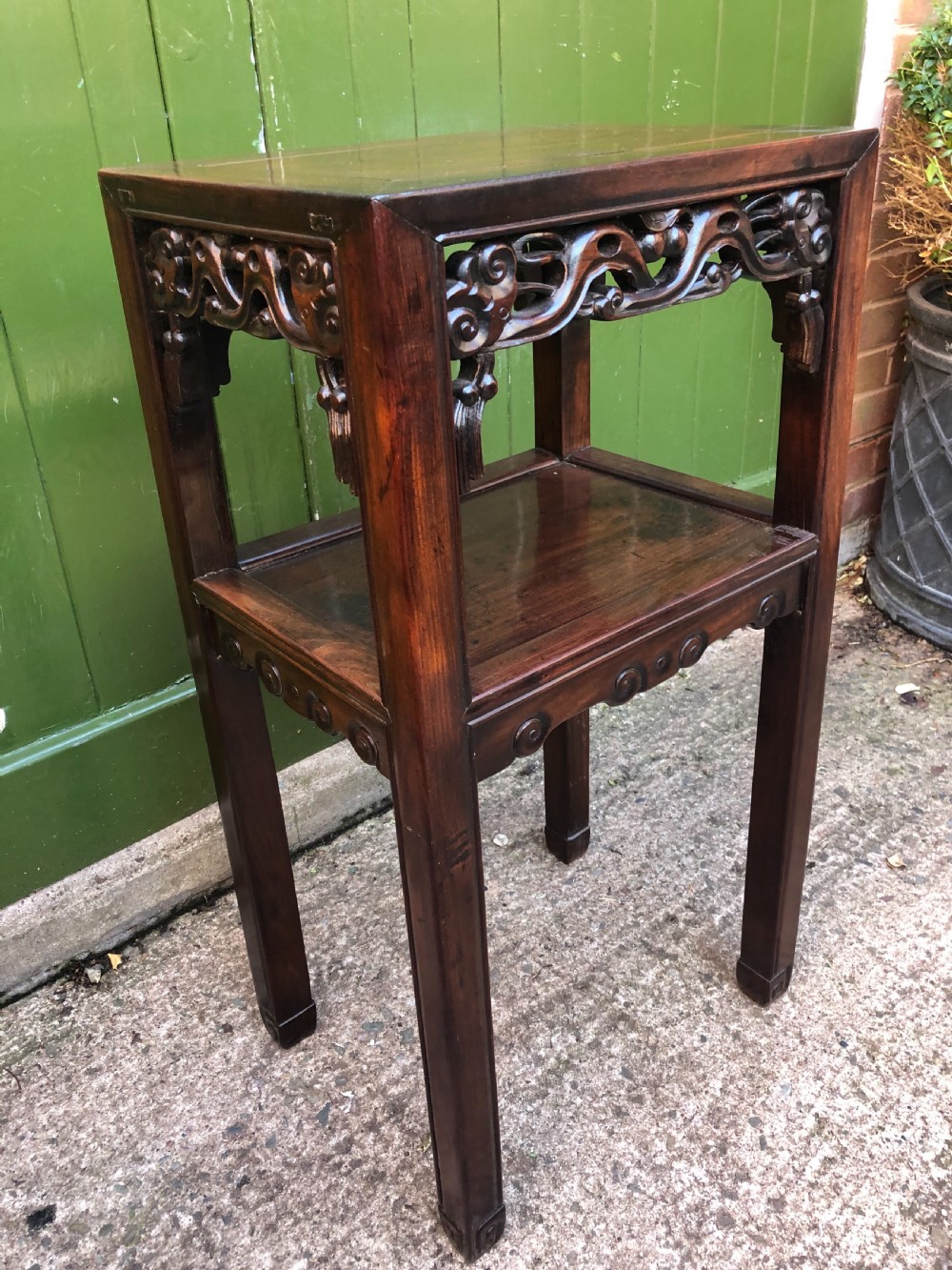 Late C19th Chinese Qing Dynasty carved hardwood 2-tier lamp table. View VIII