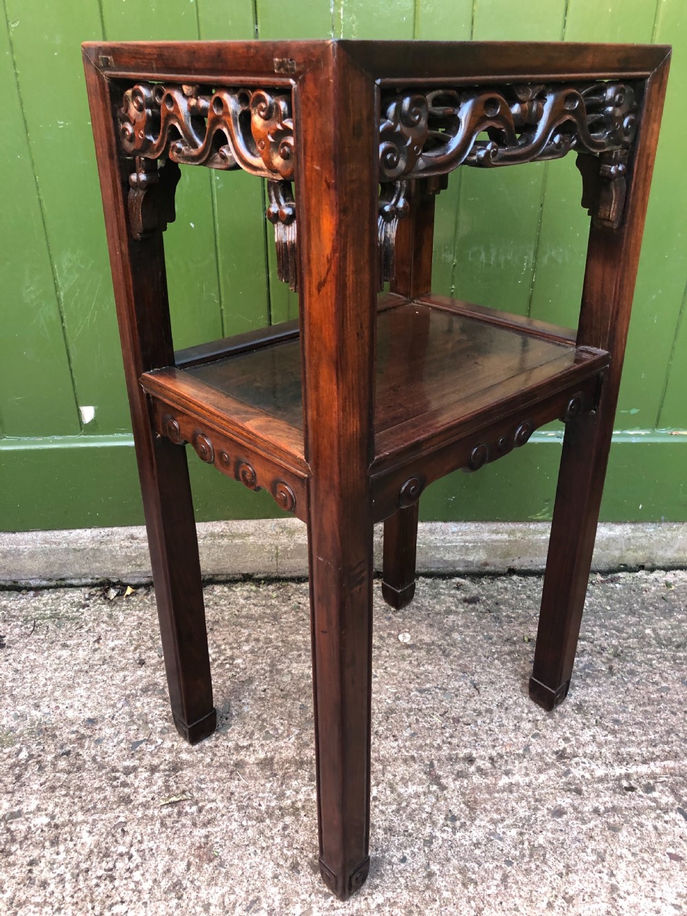 Late C19th Chinese Qing Dynasty carved hardwood 2-tier lamp table. View IX