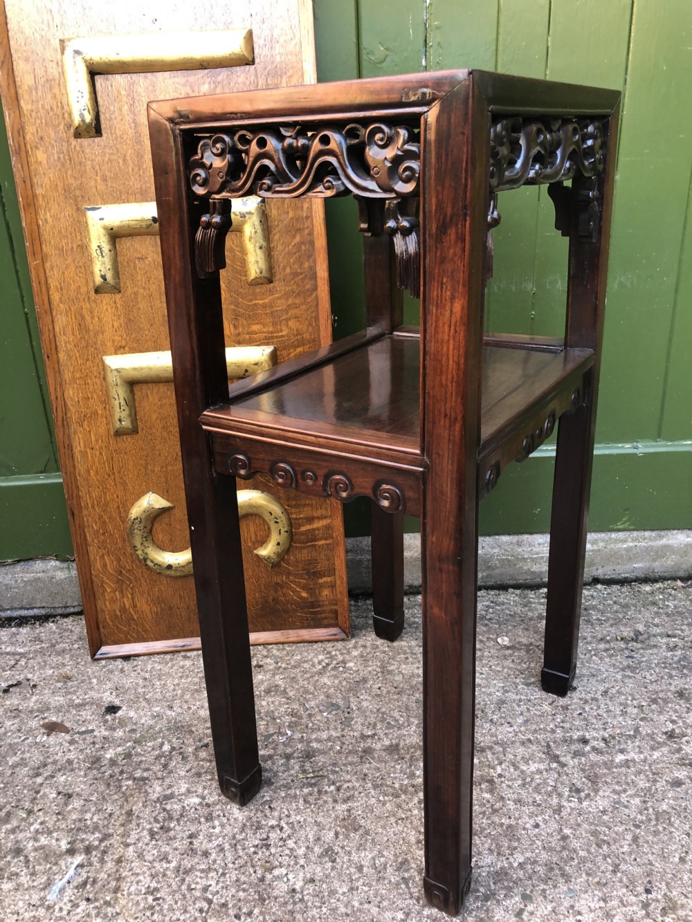Late C19th Chinese Qing Dynasty carved hardwood 2-tier lamp table. View IV