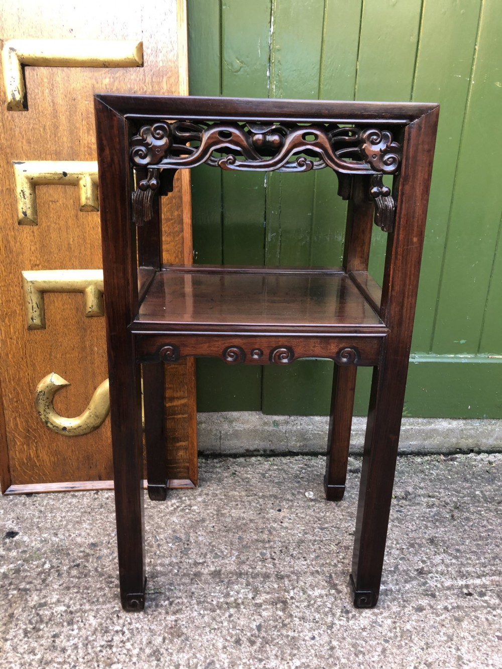 Late C19th Chinese Qing Dynasty carved hardwood 2-tier lamp table. View X