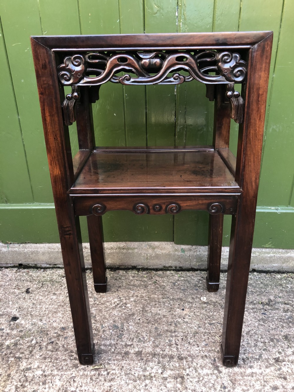 Late C19th Chinese Qing Dynasty carved hardwood 2-tier lamp table.