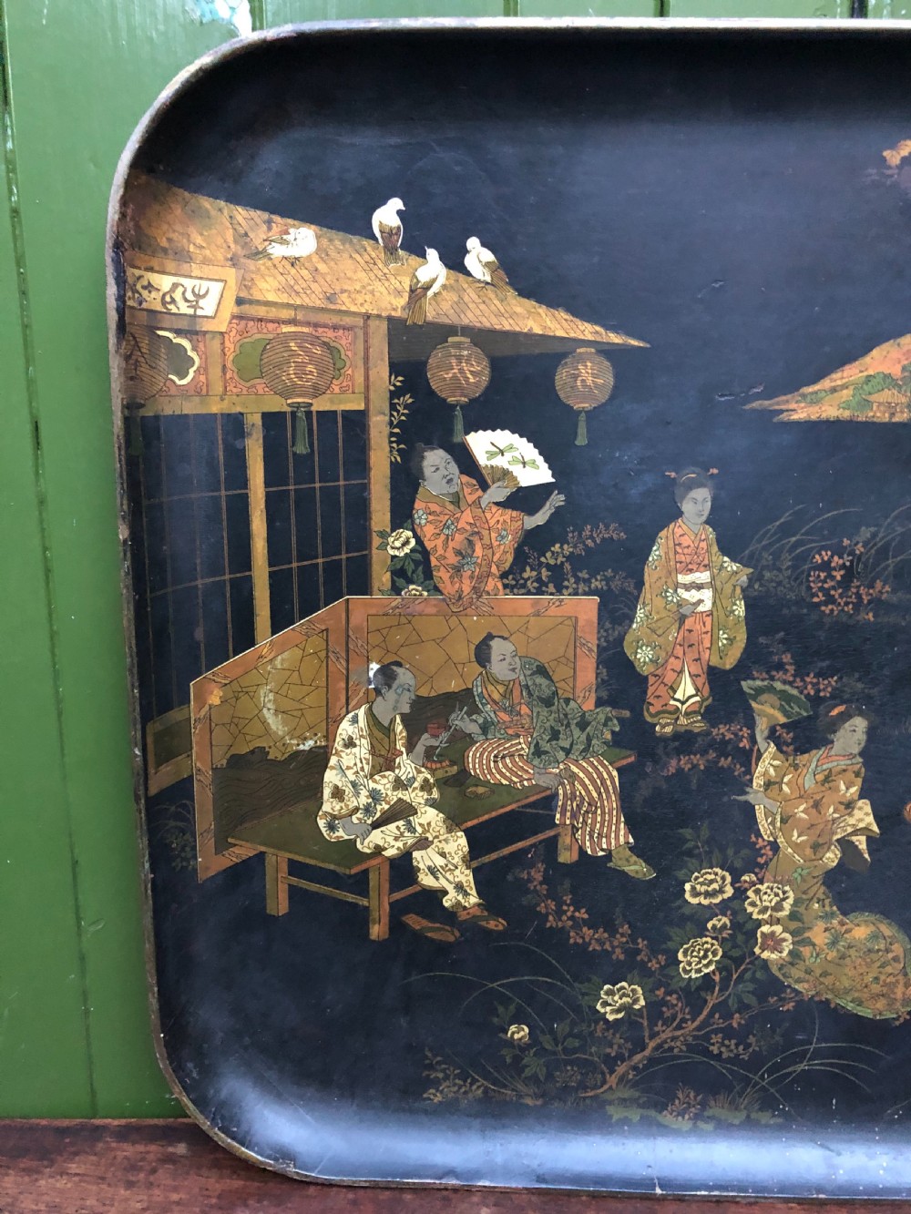 Decorative mid C19th Japanese papier-mâché rectangular tray of good large scale. View IV