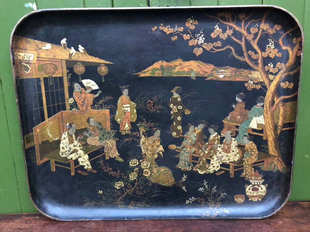 Decorative mid C19th Japanese papier-mâché rectangular tray of good large scale. View VII