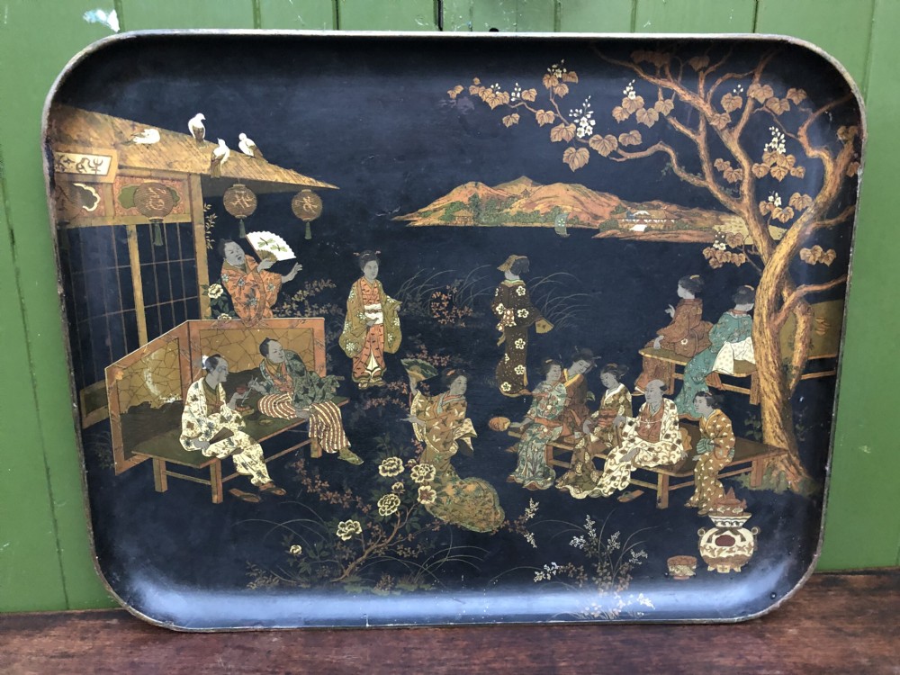 Decorative mid C19th Japanese papier-mâché rectangular tray of good large scale.