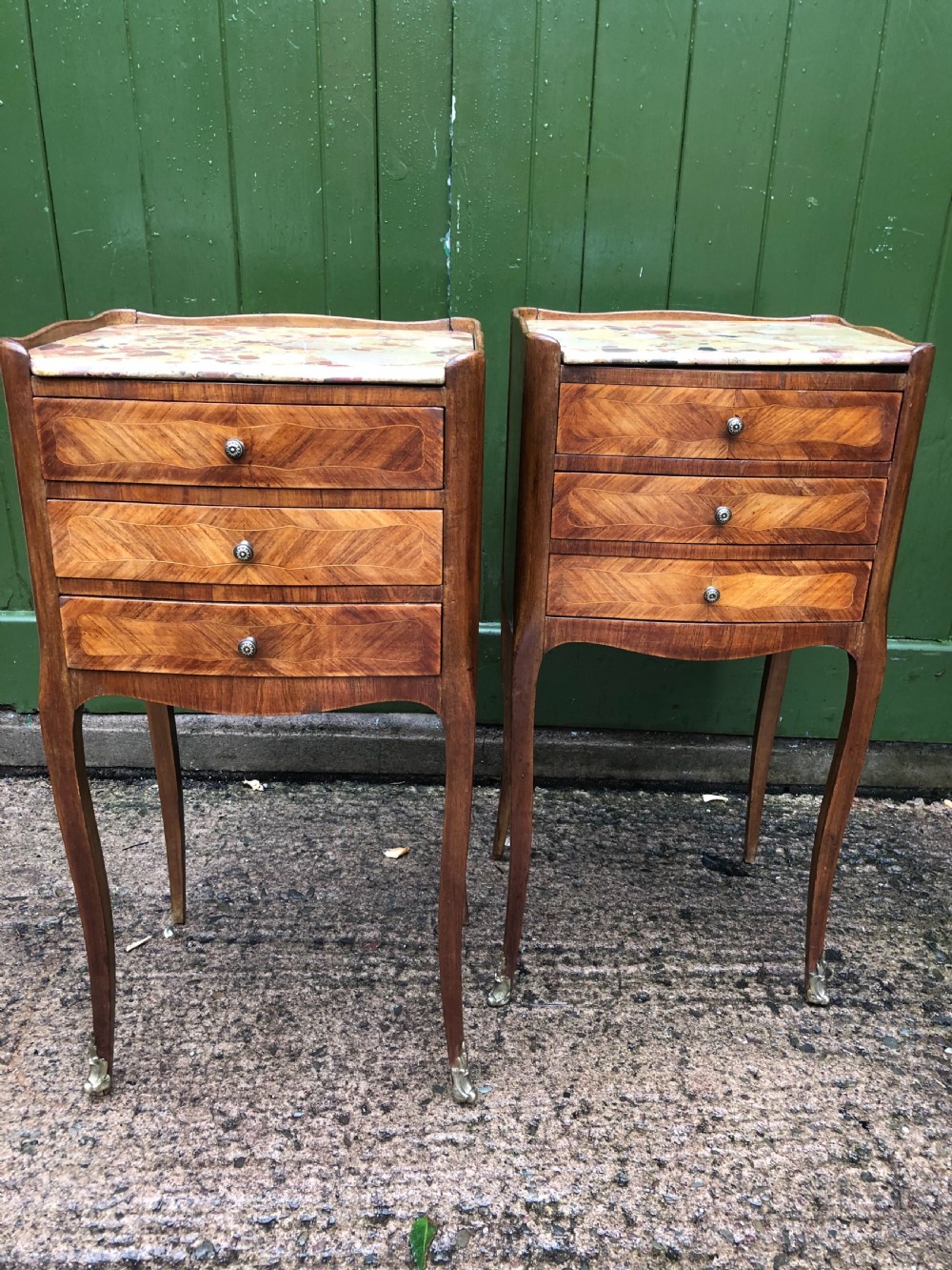 Pair of early C20th French kingwood bedside table with marble tops . View II
