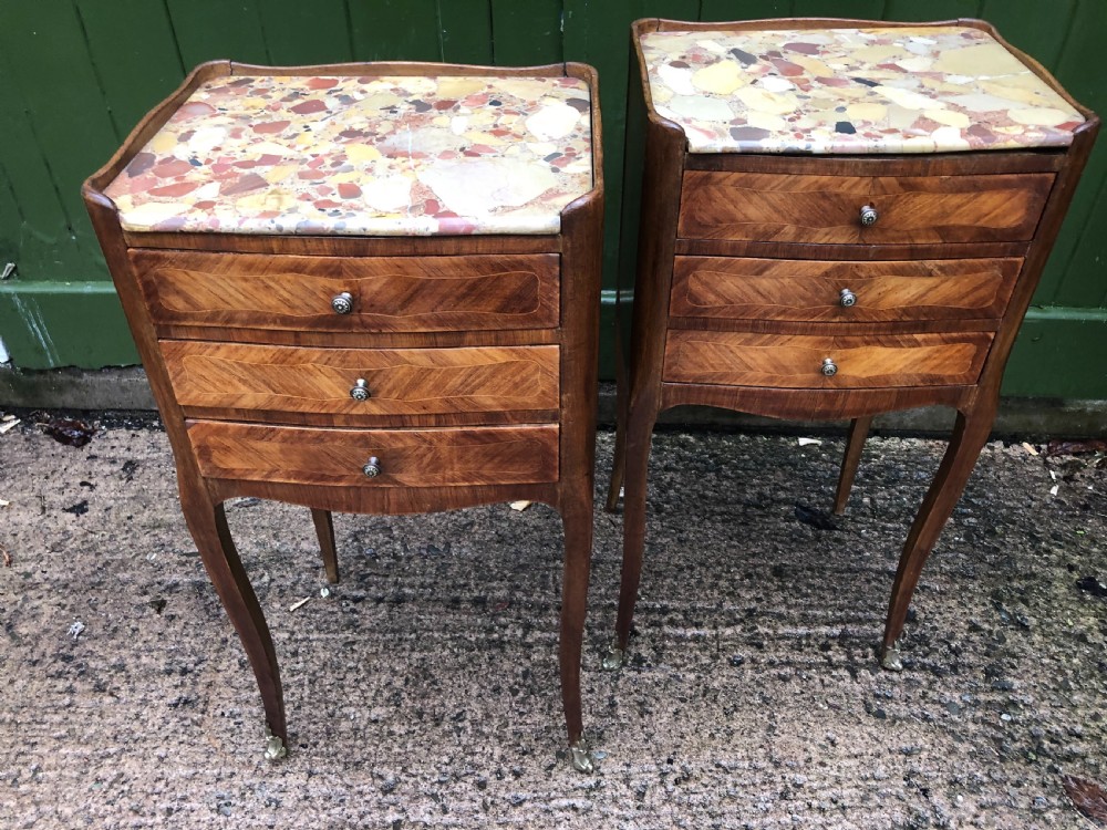 Pair of early C20th French kingwood bedside table with marble tops . View III