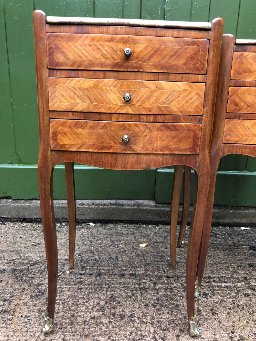 Pair of early C20th French kingwood bedside table with marble tops . View IV