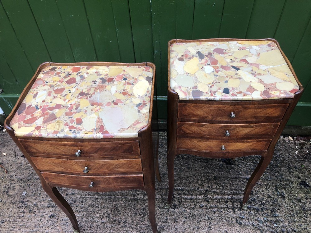 Pair of early C20th French kingwood bedside table with marble tops . View V