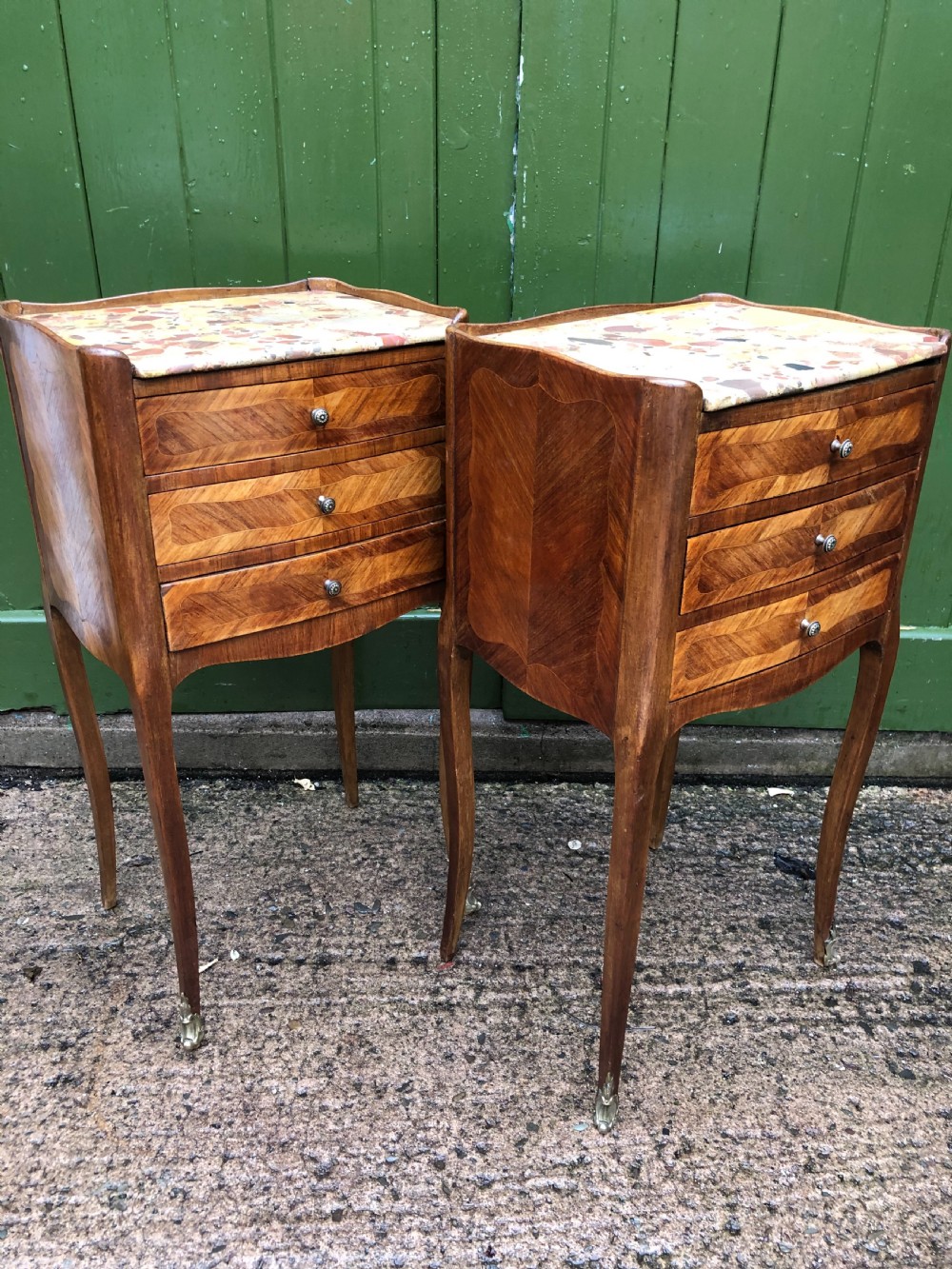 Pair of early C20th French kingwood bedside table with marble tops . View VIII