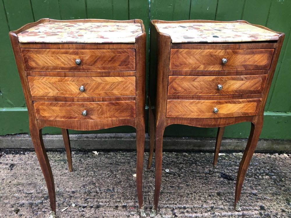 Pair of early C20th French kingwood bedside table with marble tops . View X